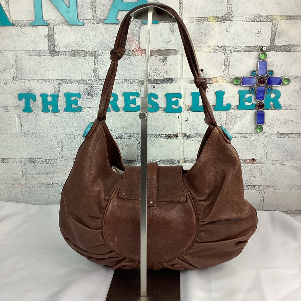 Cole Haan G Series Brown Leather Purse Natural Stone & Coral Accents - Picture 6 of 12